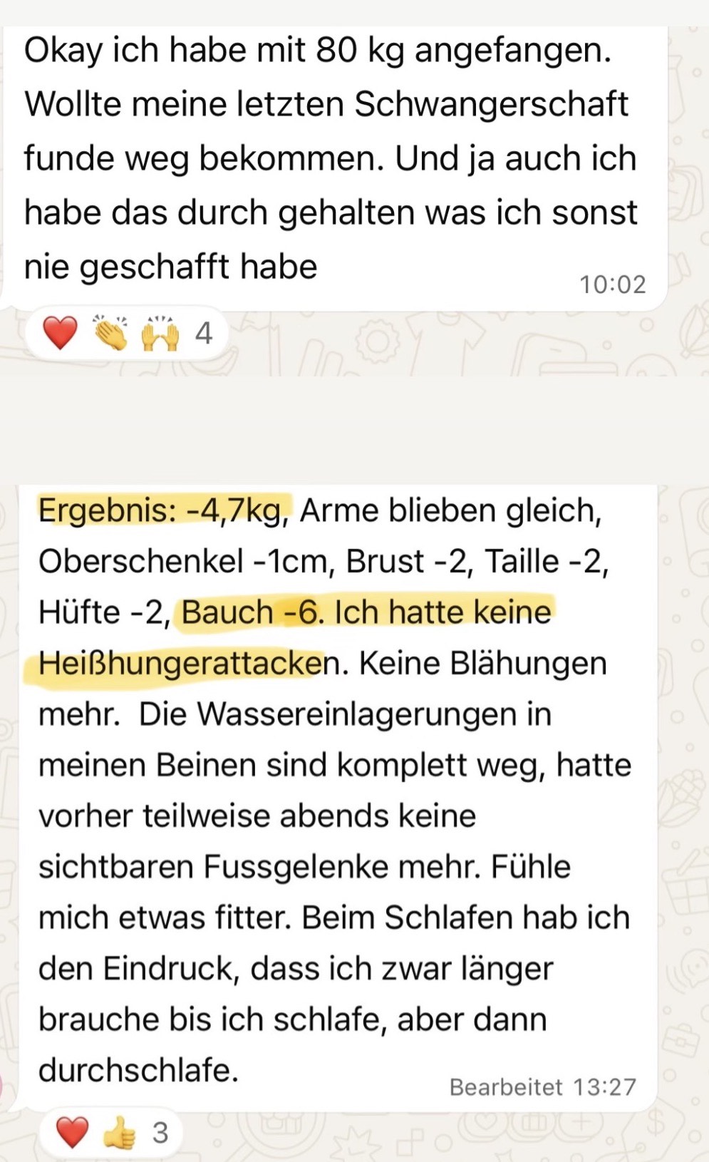 WhatsApp-Nachricht einer Teilnehmerin mit dem Ergebnis minus 4,7 kg, Bauch minus 6 cm, Taille und Hüfte je minus 2 cm, dazu keine Heißhungerattacken mehr.